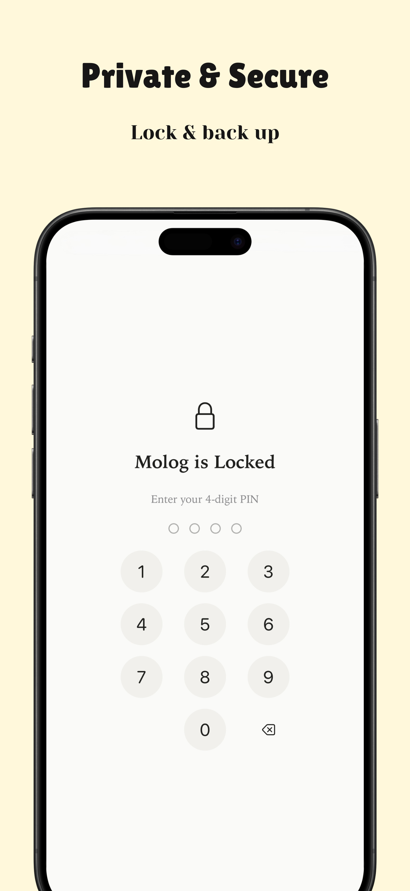 Molog app lock screen protecting private diary entries.