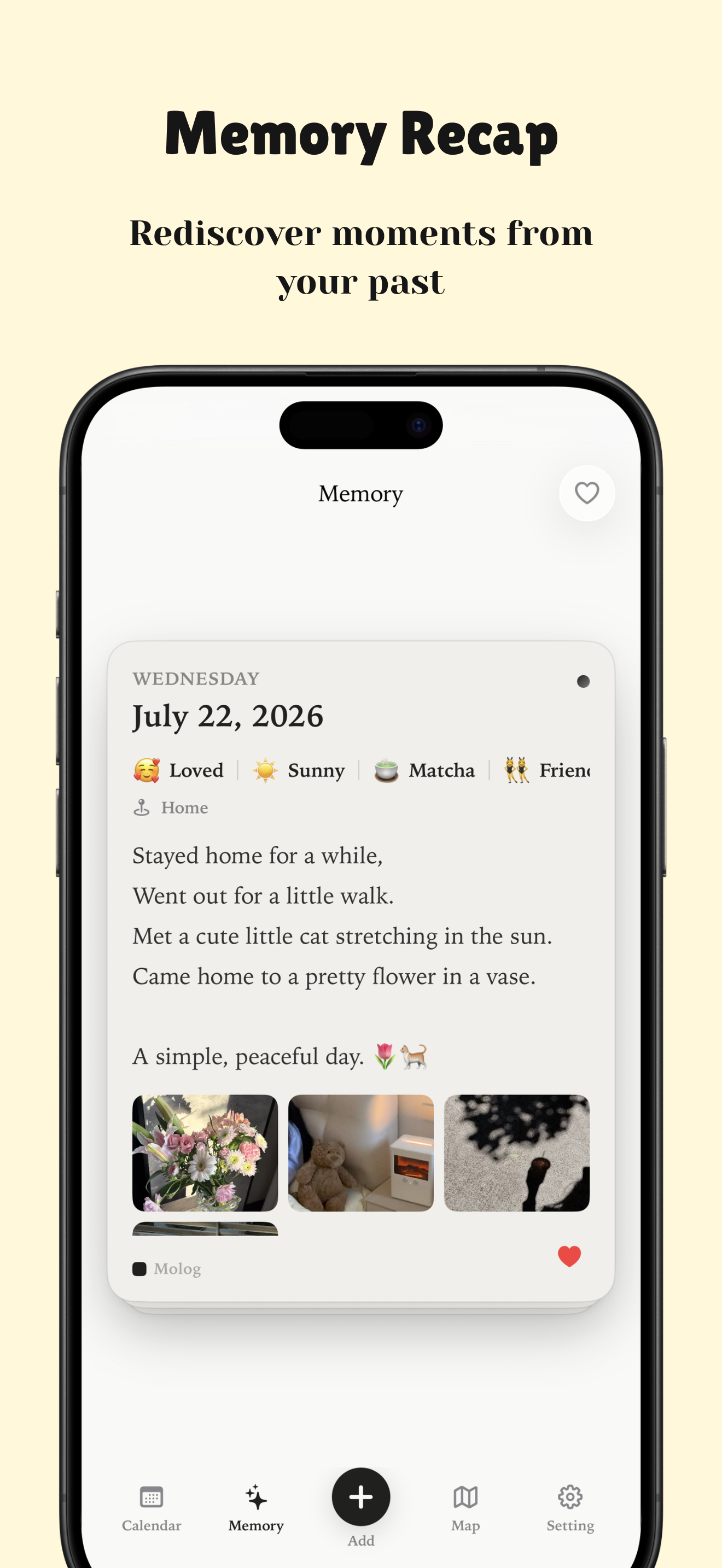 Molog capture screen with photo, drawing, mood and text entry options.