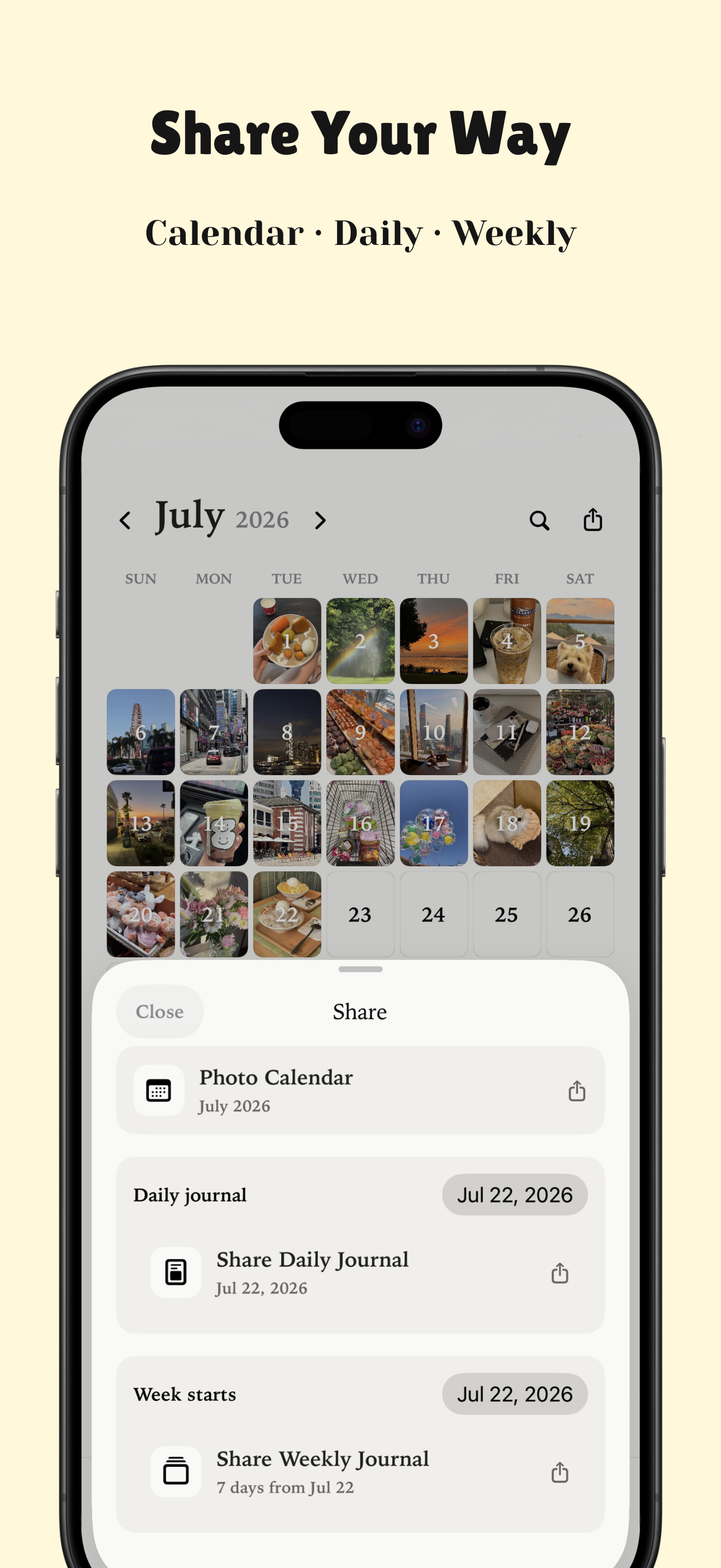 Molog daily and weekly views of diary entries.