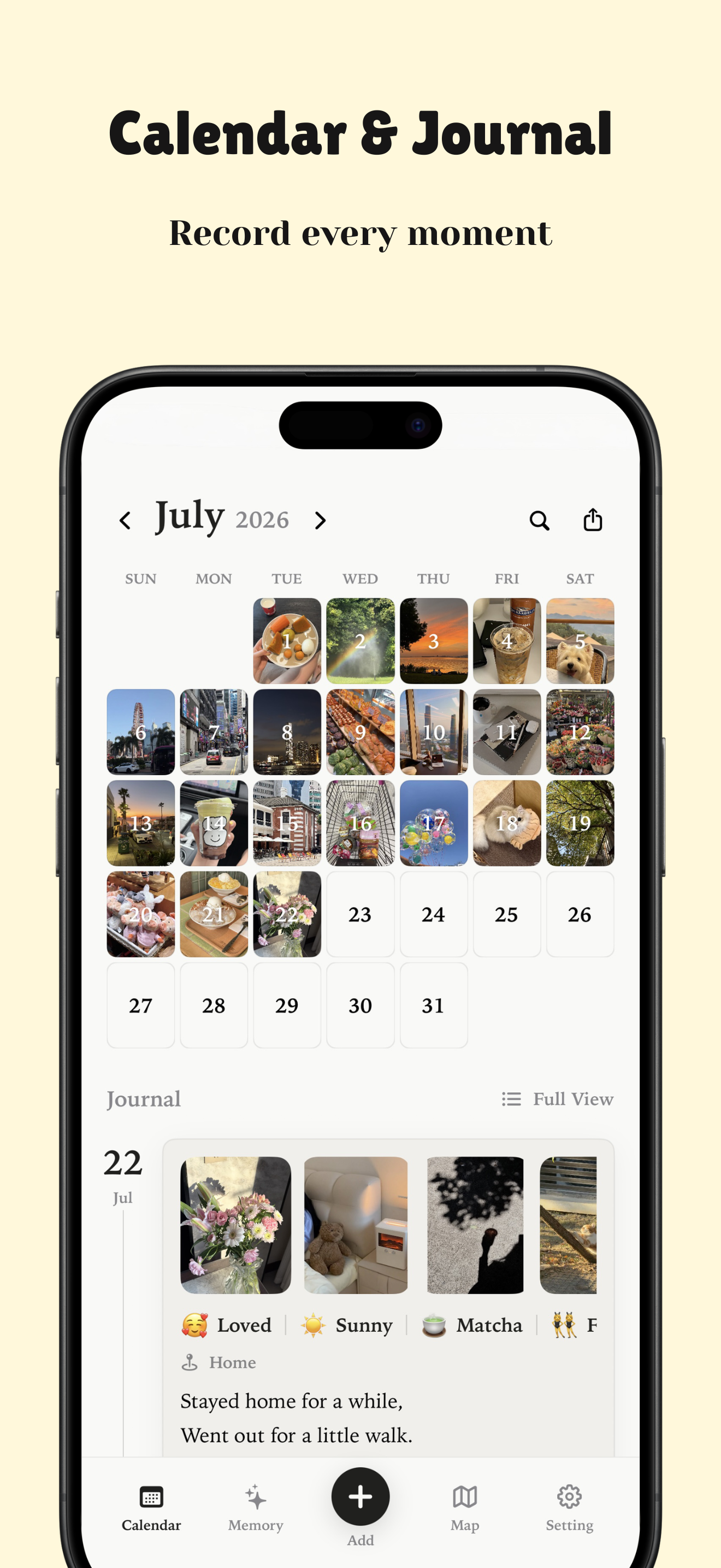 Molog photo calendar diary shown inside an iPhone frame.