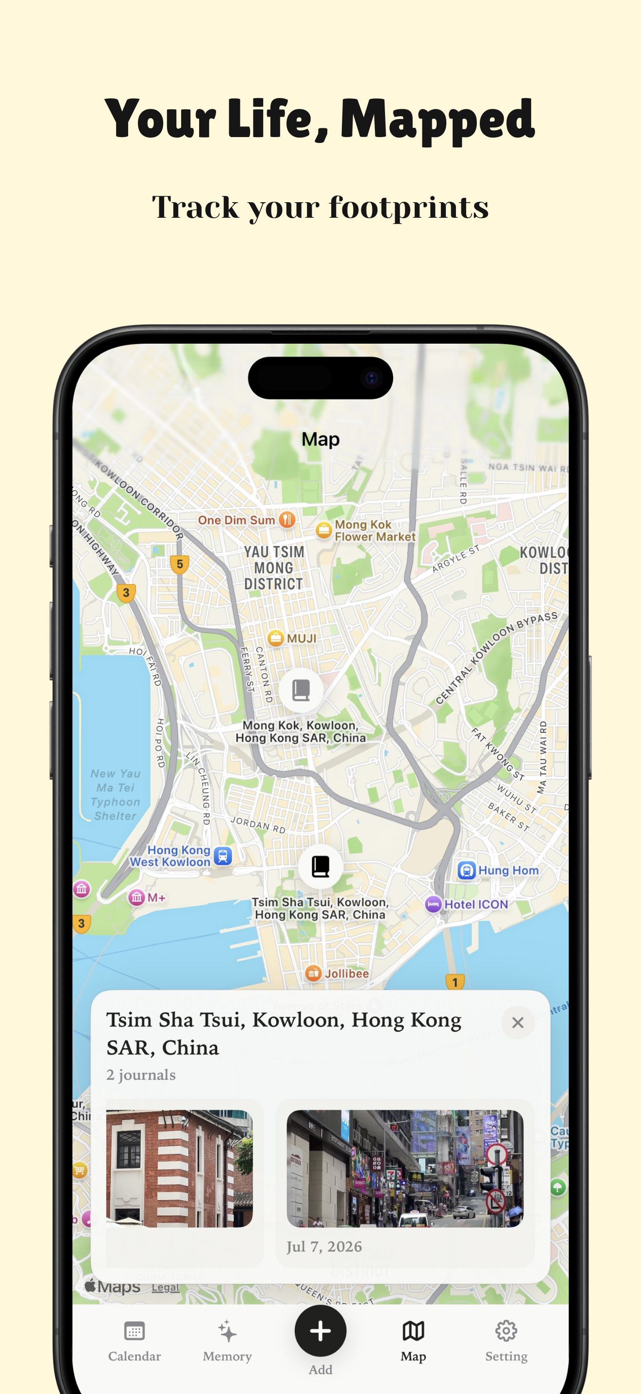 Molog map view showing memories pinned to their locations.