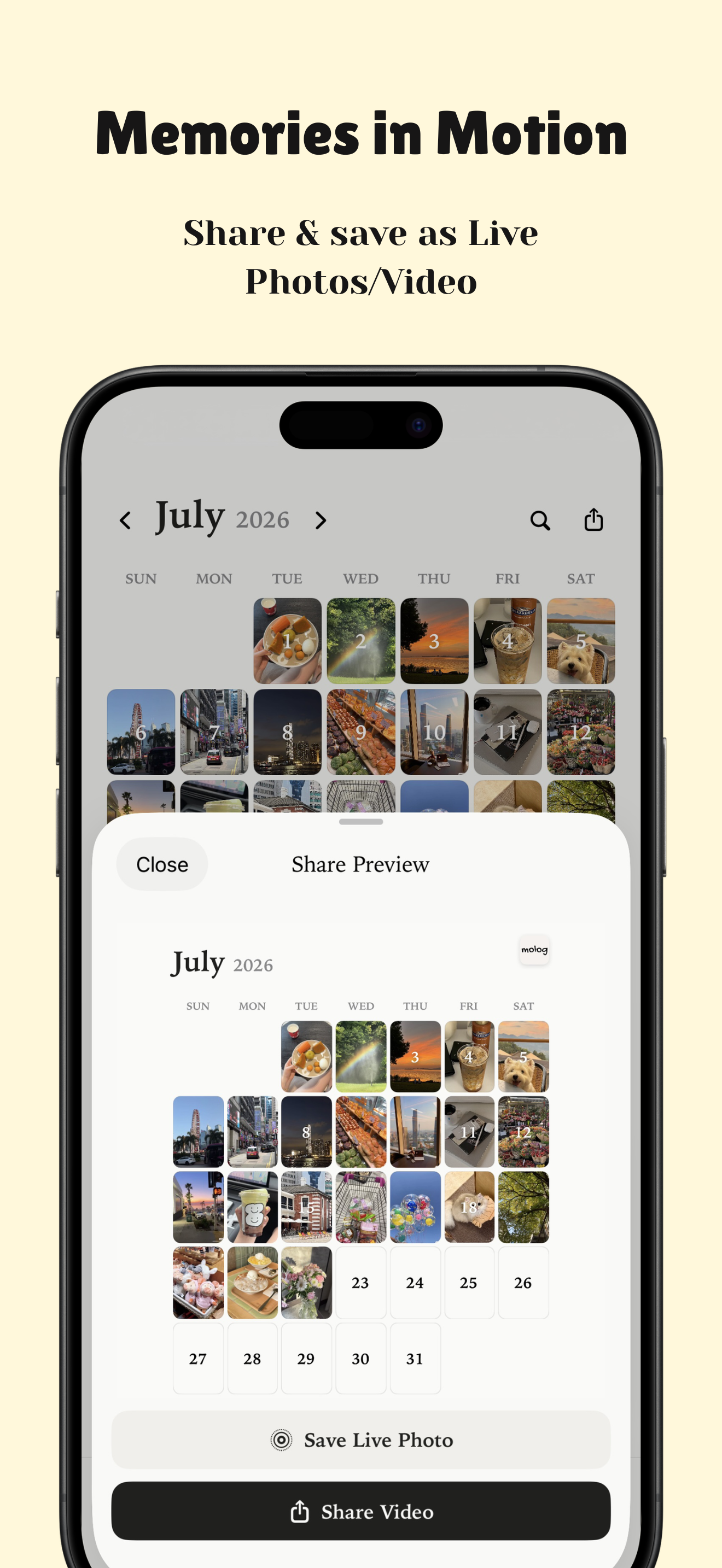 Molog search and filter screen for finding specific memories.