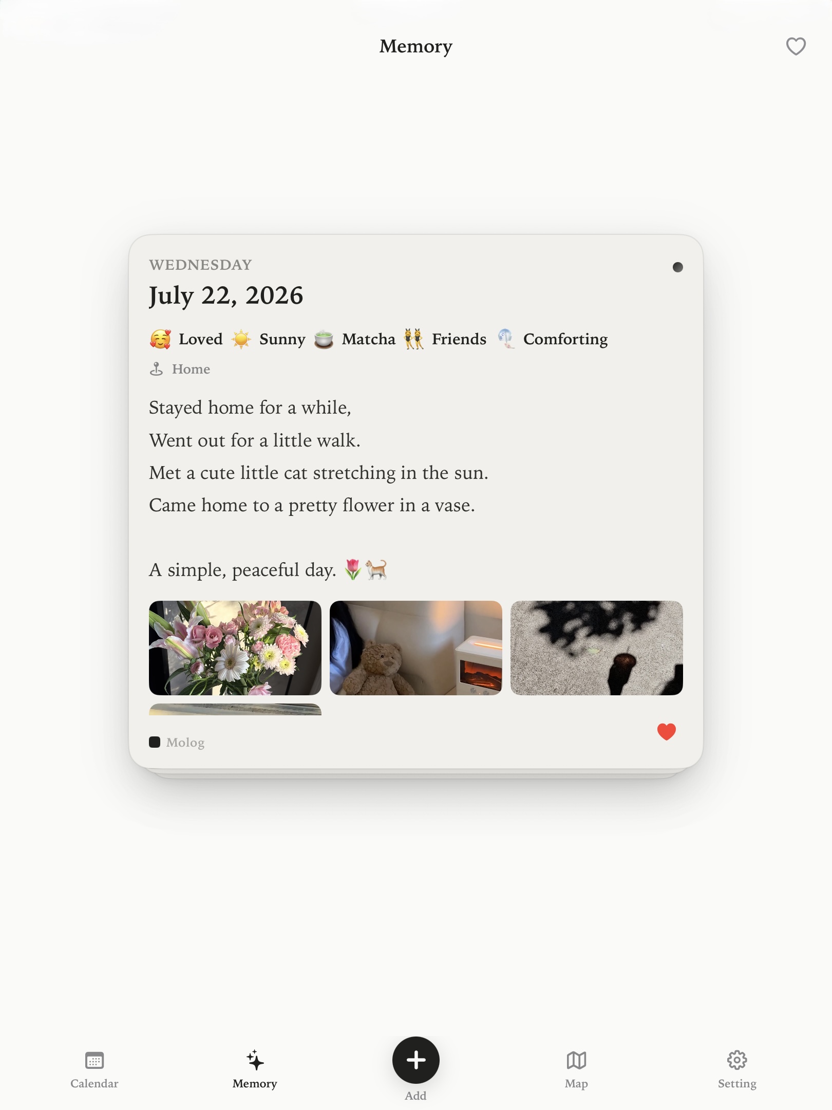 Molog timeline view scrolling through past entries.