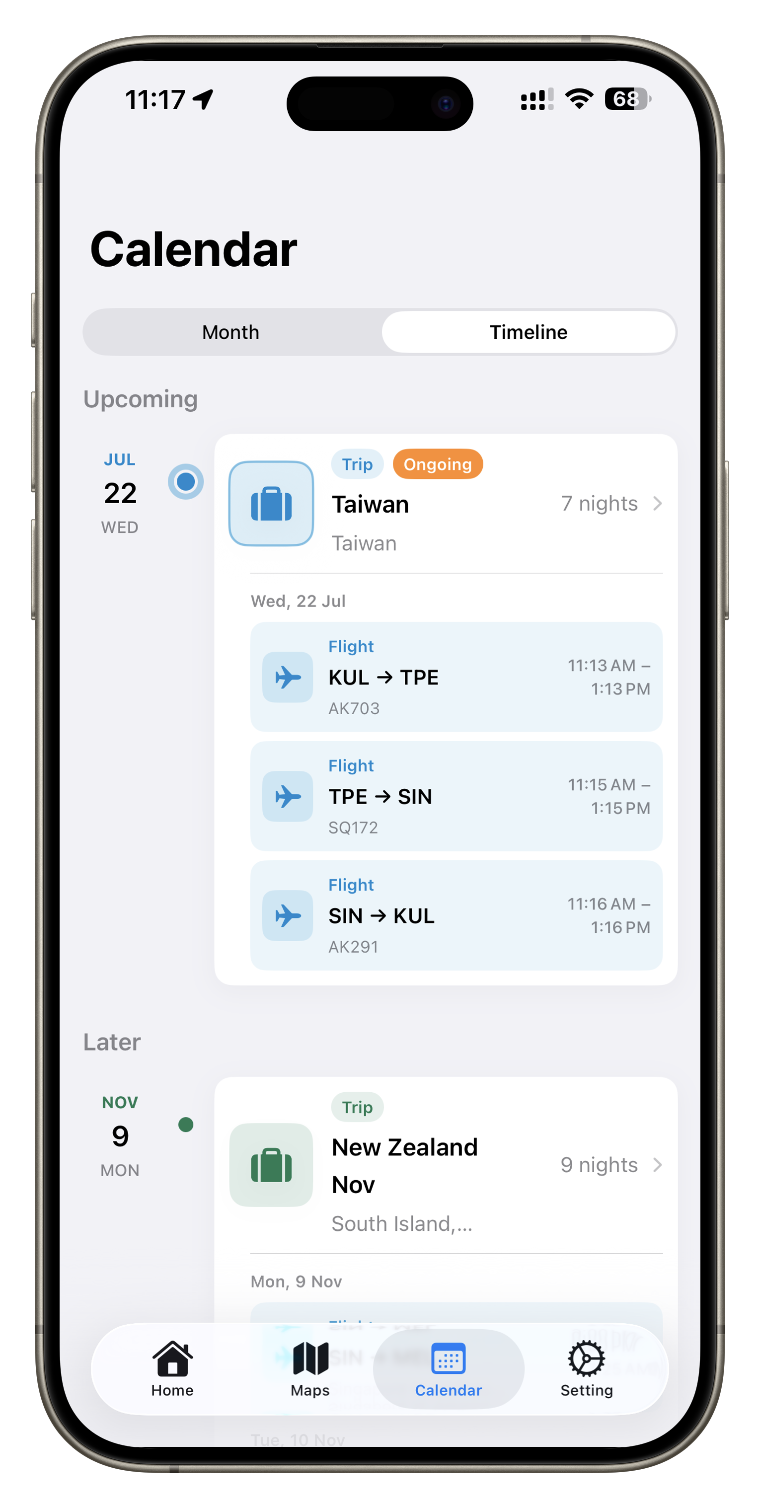 Rancang calendar timeline showing upcoming flights and trip cards.