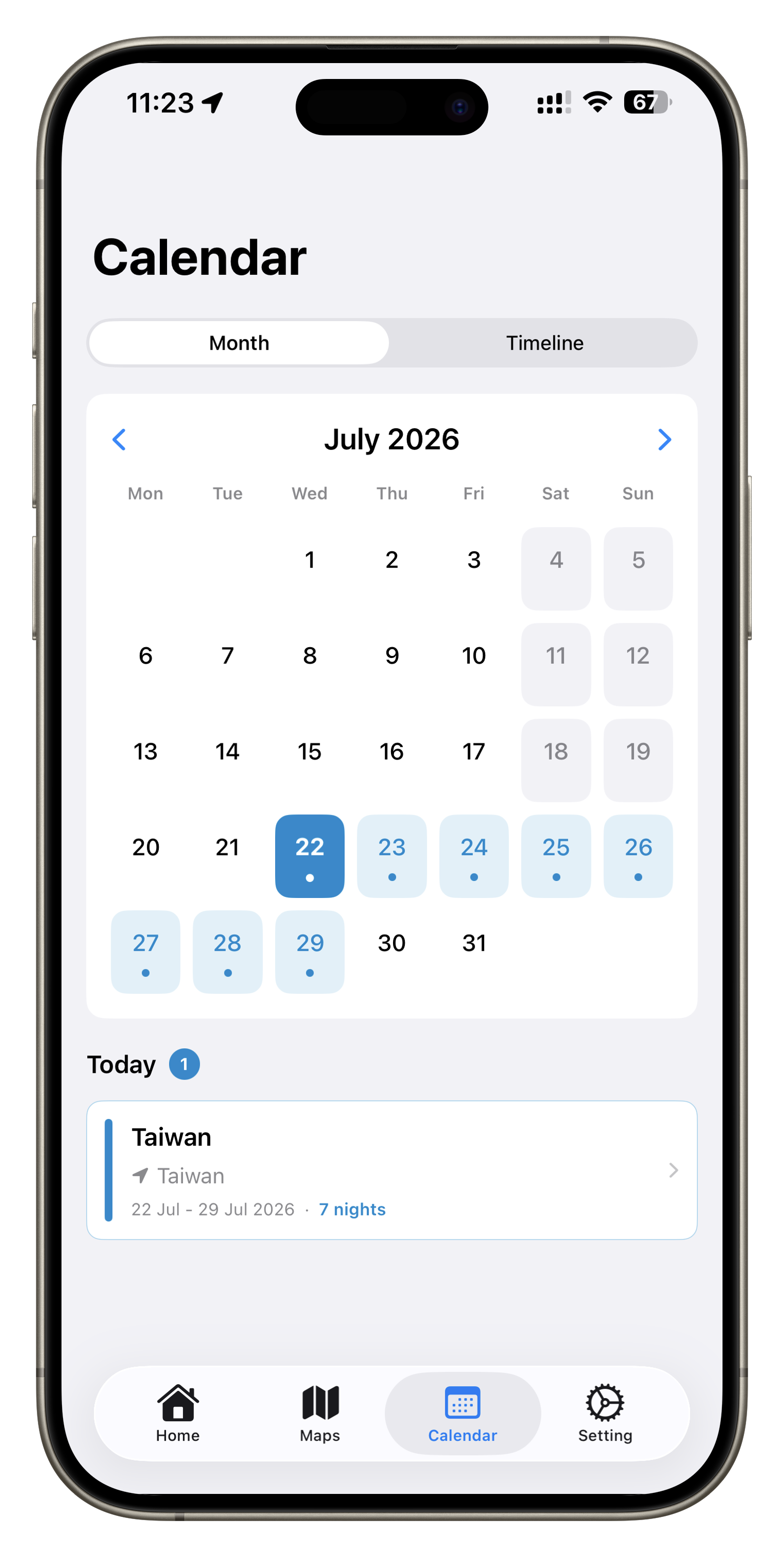Rancang calendar month view highlighting travel dates for a Taiwan trip.