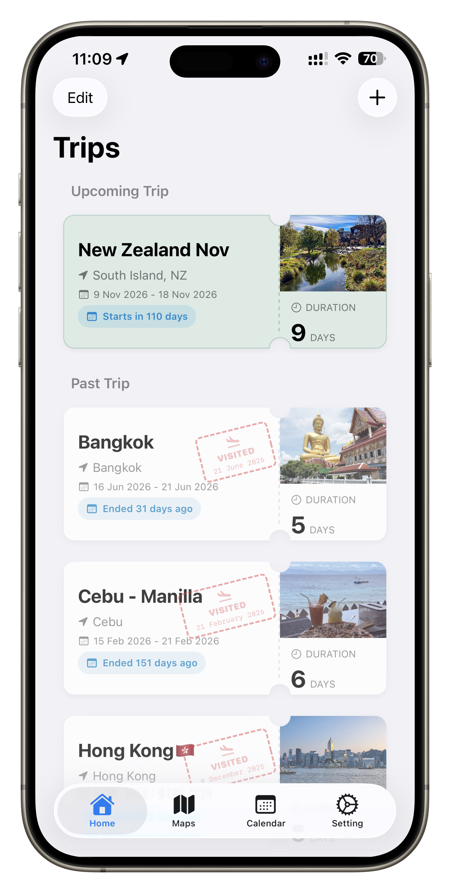 Rancang trip list showing upcoming and past trips with countdowns and duration.