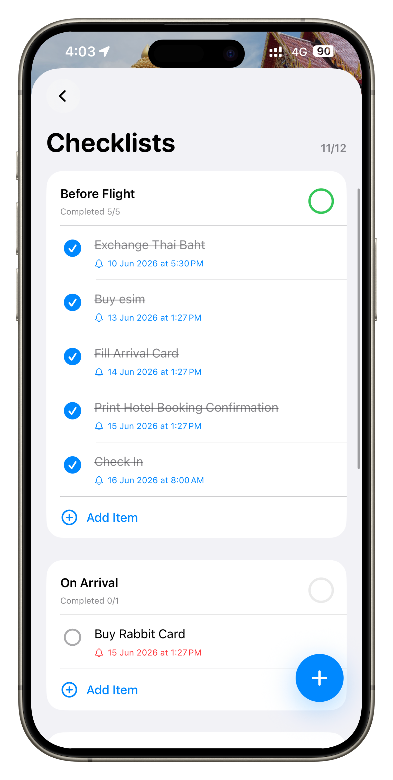 Rancang checklist screenshot with travel tasks and reminders.