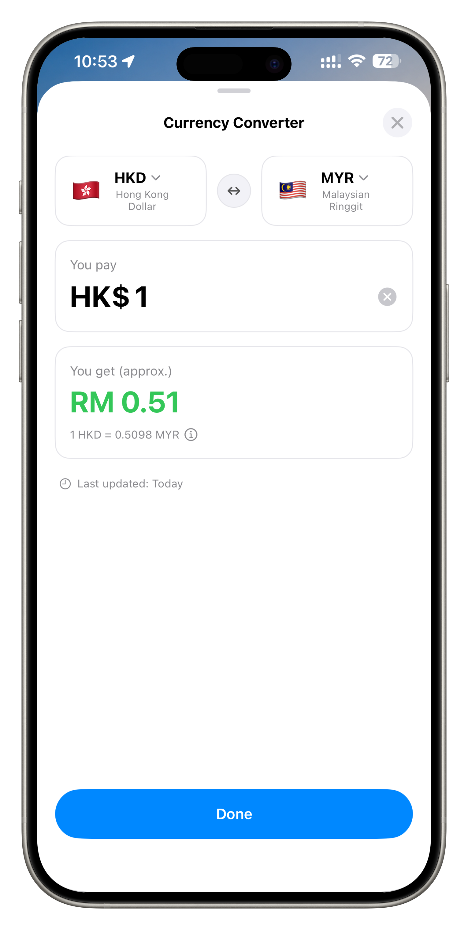 Rancang currency converter screenshot converting HKD to MYR.