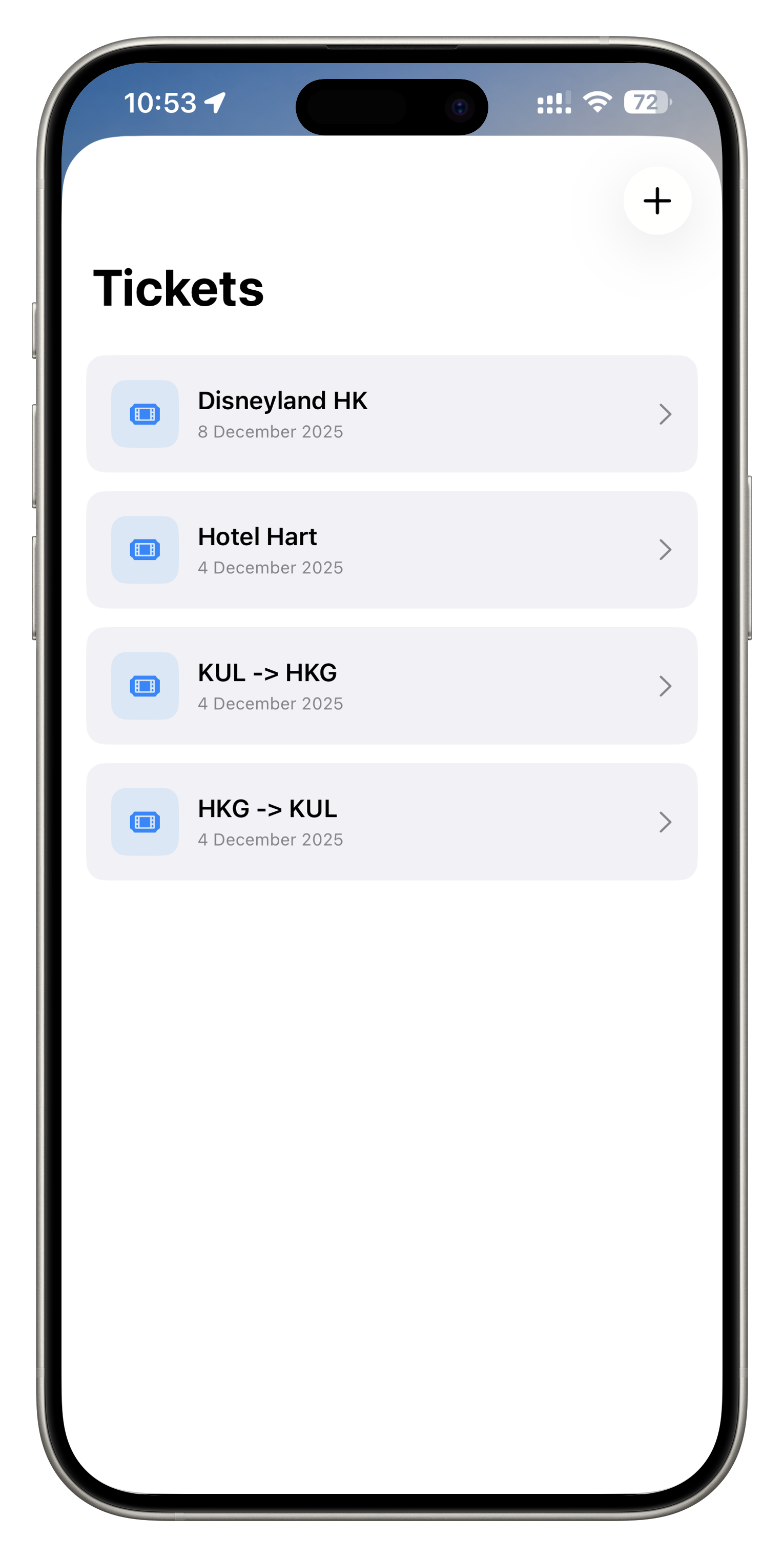 Rancang tickets screen showing travel documents together.