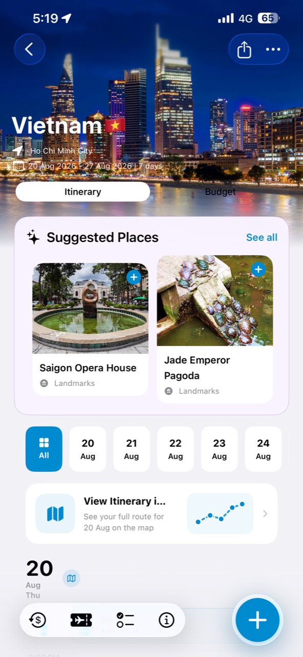 Rancang itinerary screen showing suggested places, travel dates and a route preview for Ho Chi Minh City.